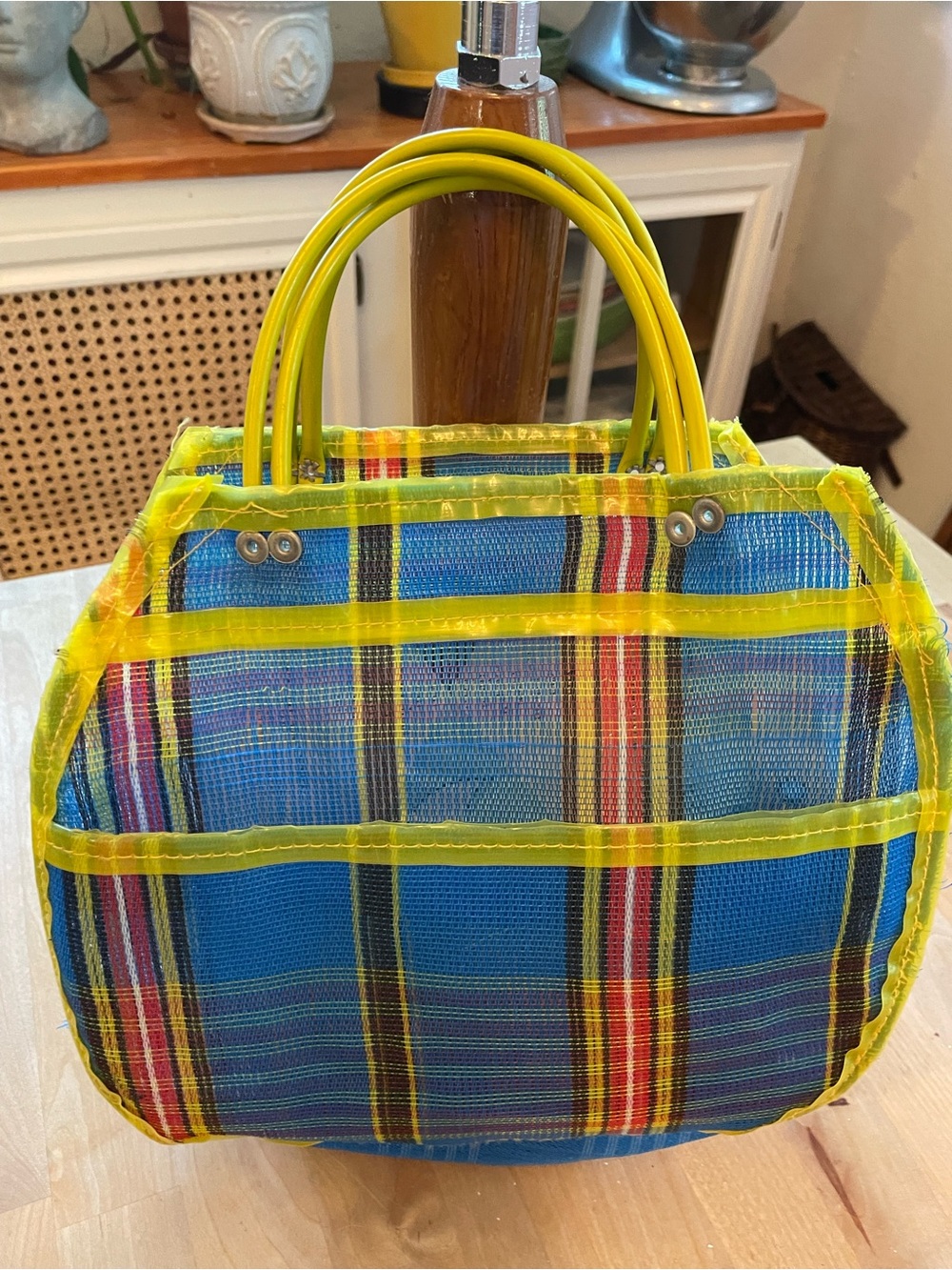 Yellow-Trim Blue Plaid Tote Bag